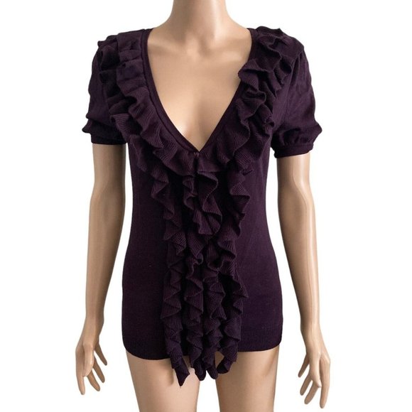 Sweater Women's Medium Purple Ruffled Buttoned Front Stretch - Picture 6 of 8